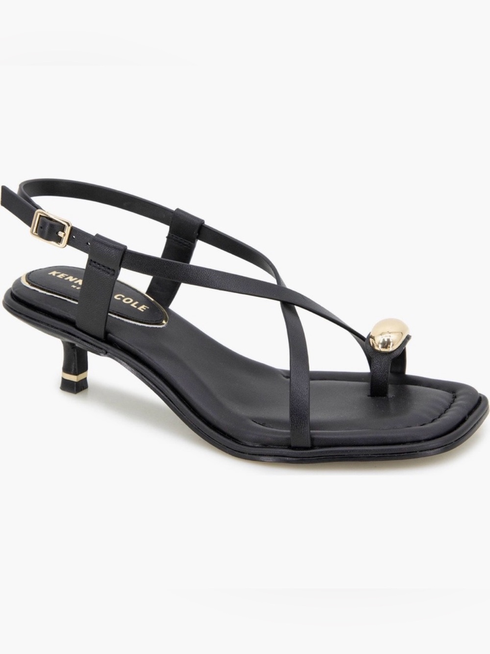 Kenneth Cole Black Strappy Kitten Heel Sandal with Gold Accent Stud
